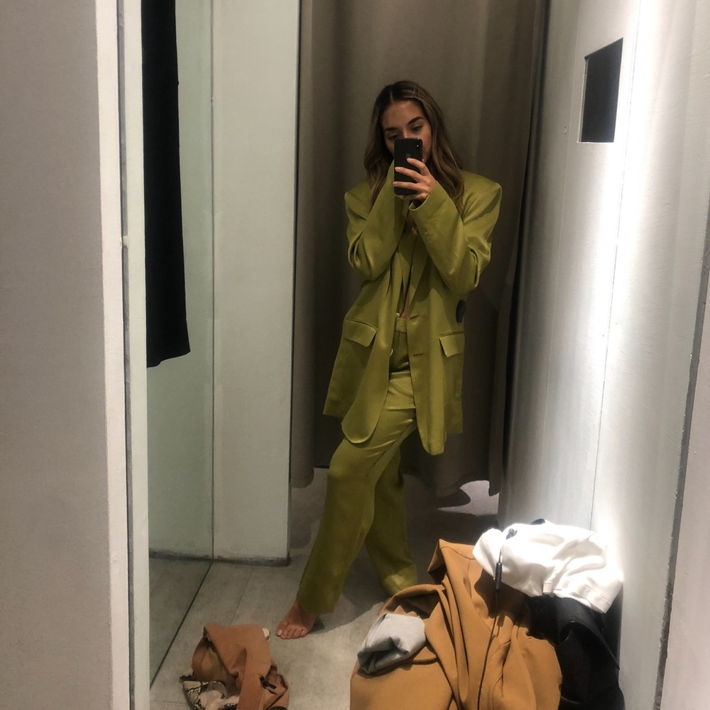 NWOT ZARA GREEN SILKY SUIT SZ S